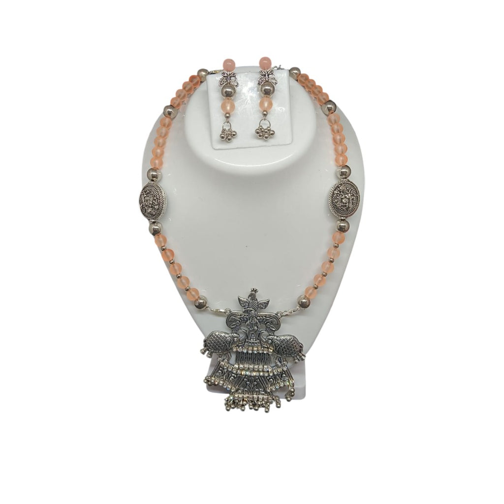 Peach Silver Oxidised  Beads Necklace