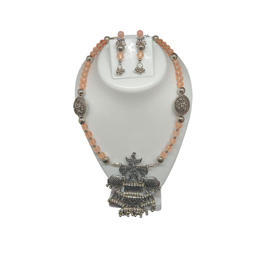Peach Silver Oxidised  Beads Necklace