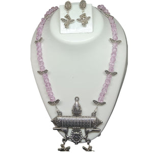 Lavender Pink Beads  Silver Oxidised Necklace