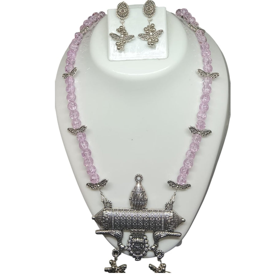 Lavender Pink Beads  Silver Oxidised Necklace