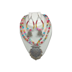 Double Layered Multi Color Silver Oxidised Necklace