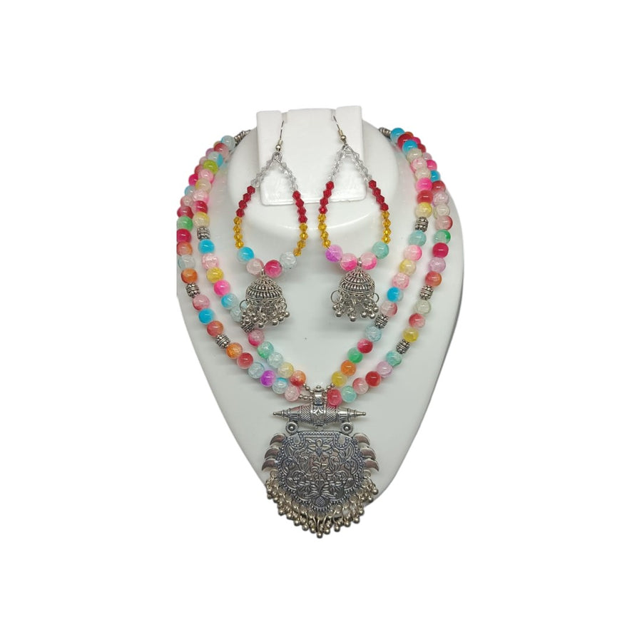 Double Layered Multi Color Silver Oxidised Necklace