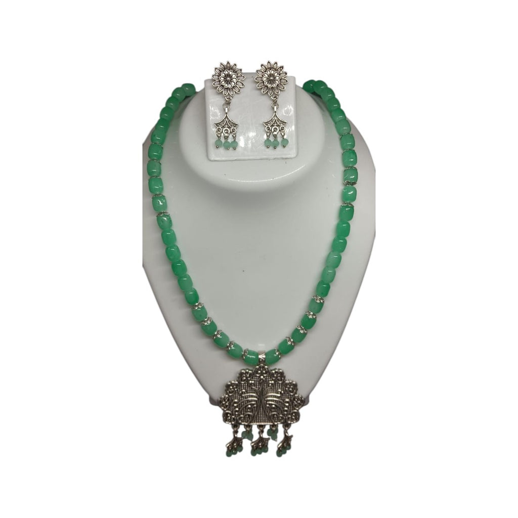 Green Silver Oxidised Beads Necklace