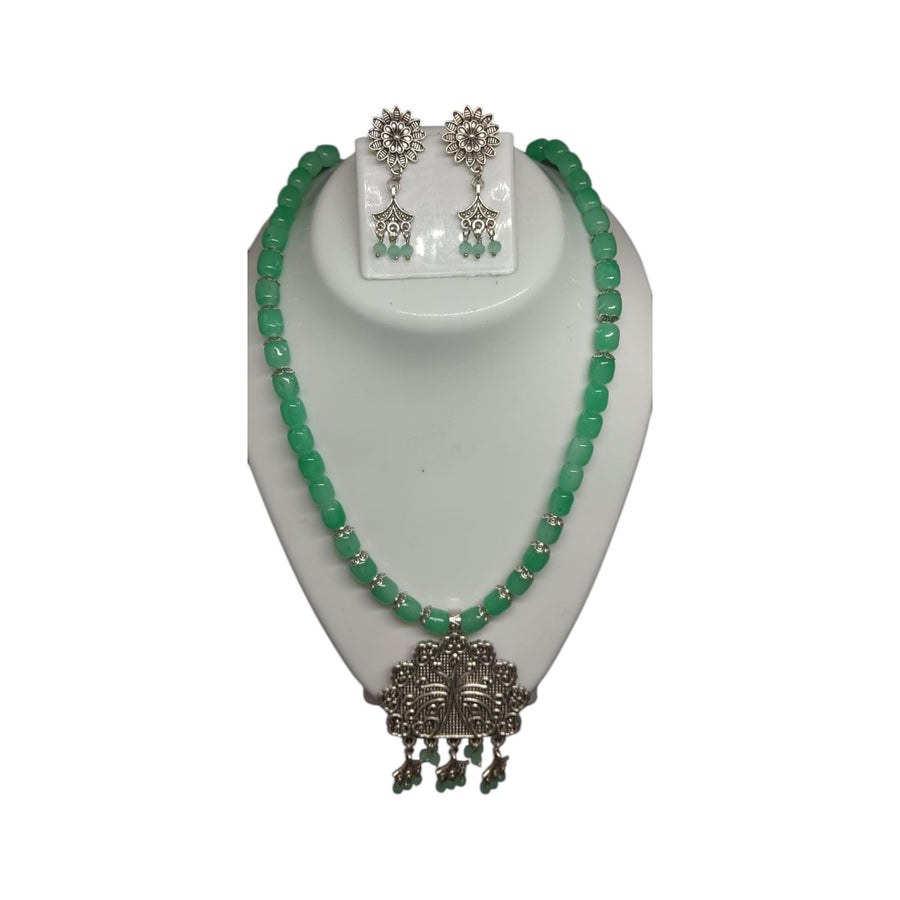 Green Silver Oxidised Beads Necklace